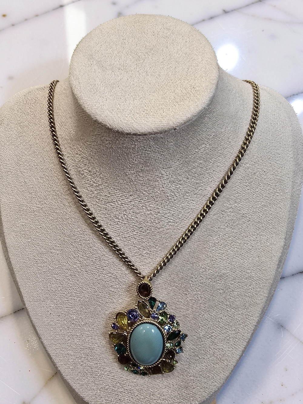 Vintage Carolee Multi-Color Crystal Faux Turquoise Statement Pendant Necklace